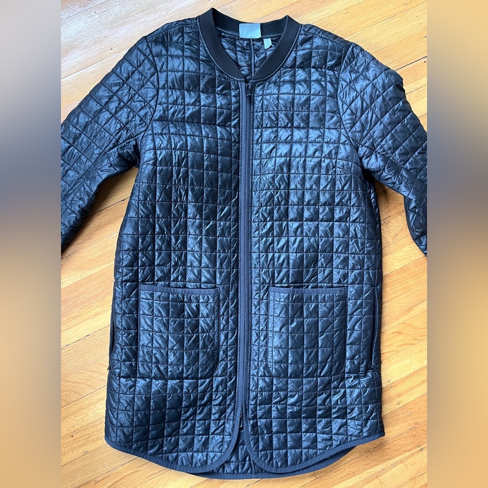 Athleta quilted long black car coat jacket bomber M double zipper normcore prep - Picture 7 of 8